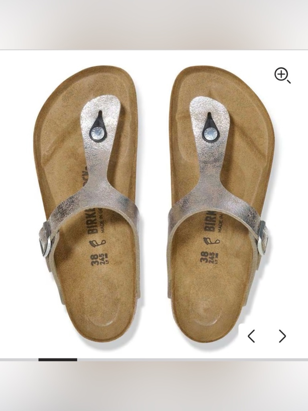 BIRENSTOCK GIZEH THONG SANDALS IN A METALLIC SILVER FINISH, SIZE 9.5